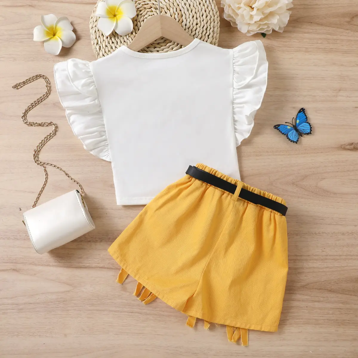 White Flying Sails T-Shirt with Heart Print + Brown Fringed Shorts Set — feature 20