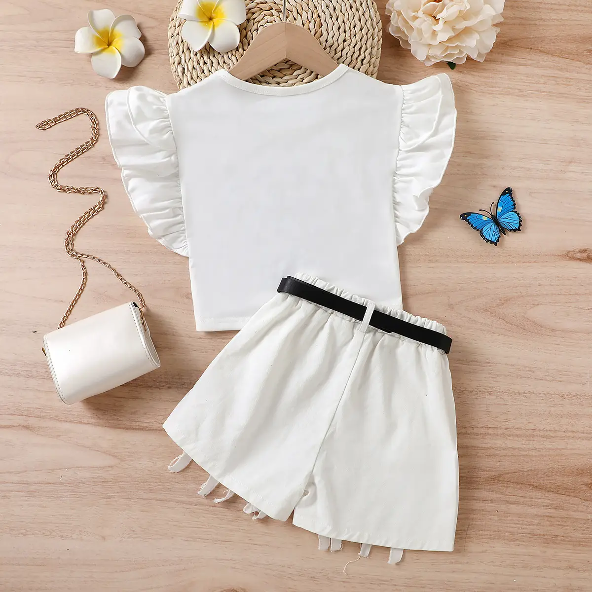 White Flying Sails T-Shirt with Heart Print + Brown Fringed Shorts Set — feature 25