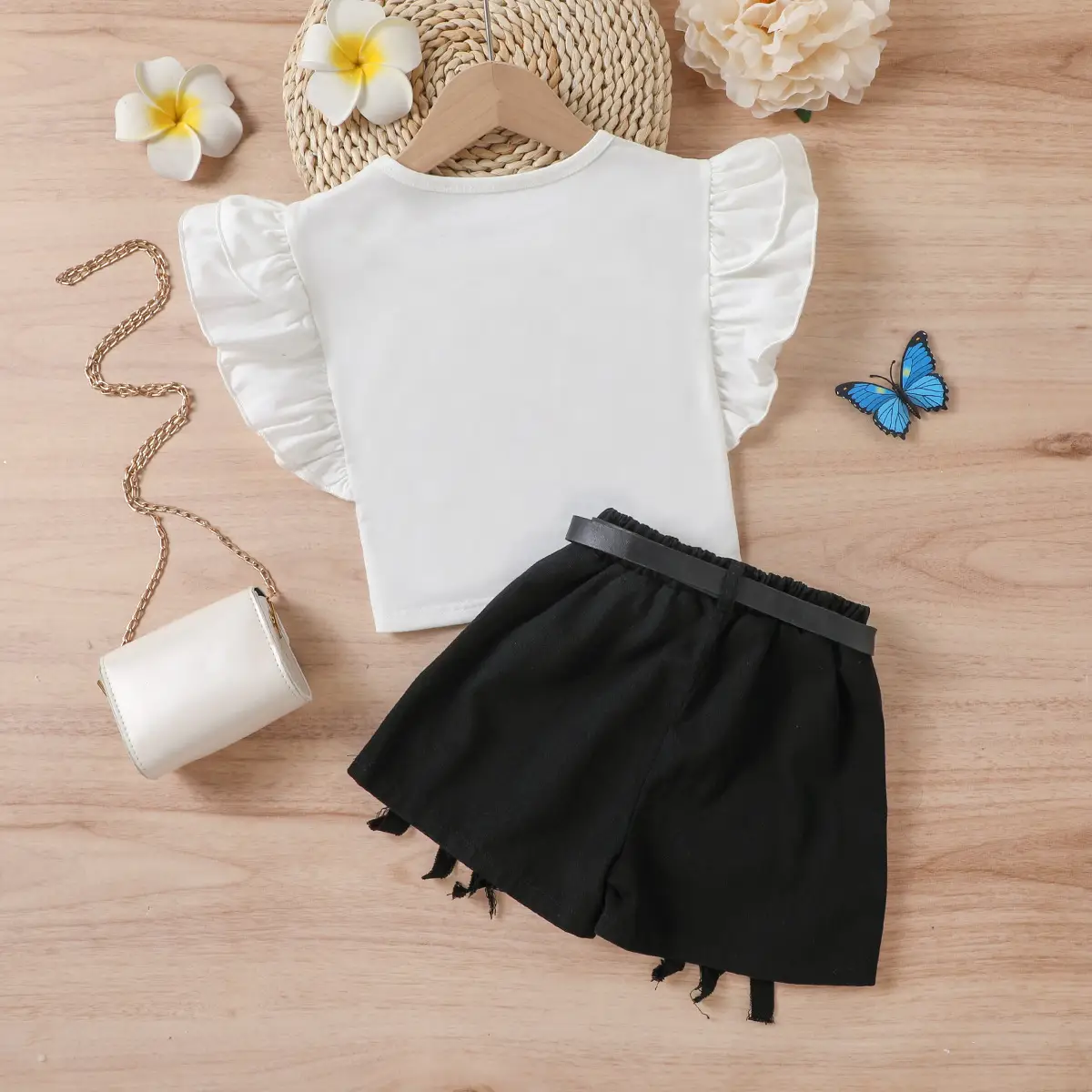 White Flying Sails T-Shirt with Heart Print + Brown Fringed Shorts Set — feature 29