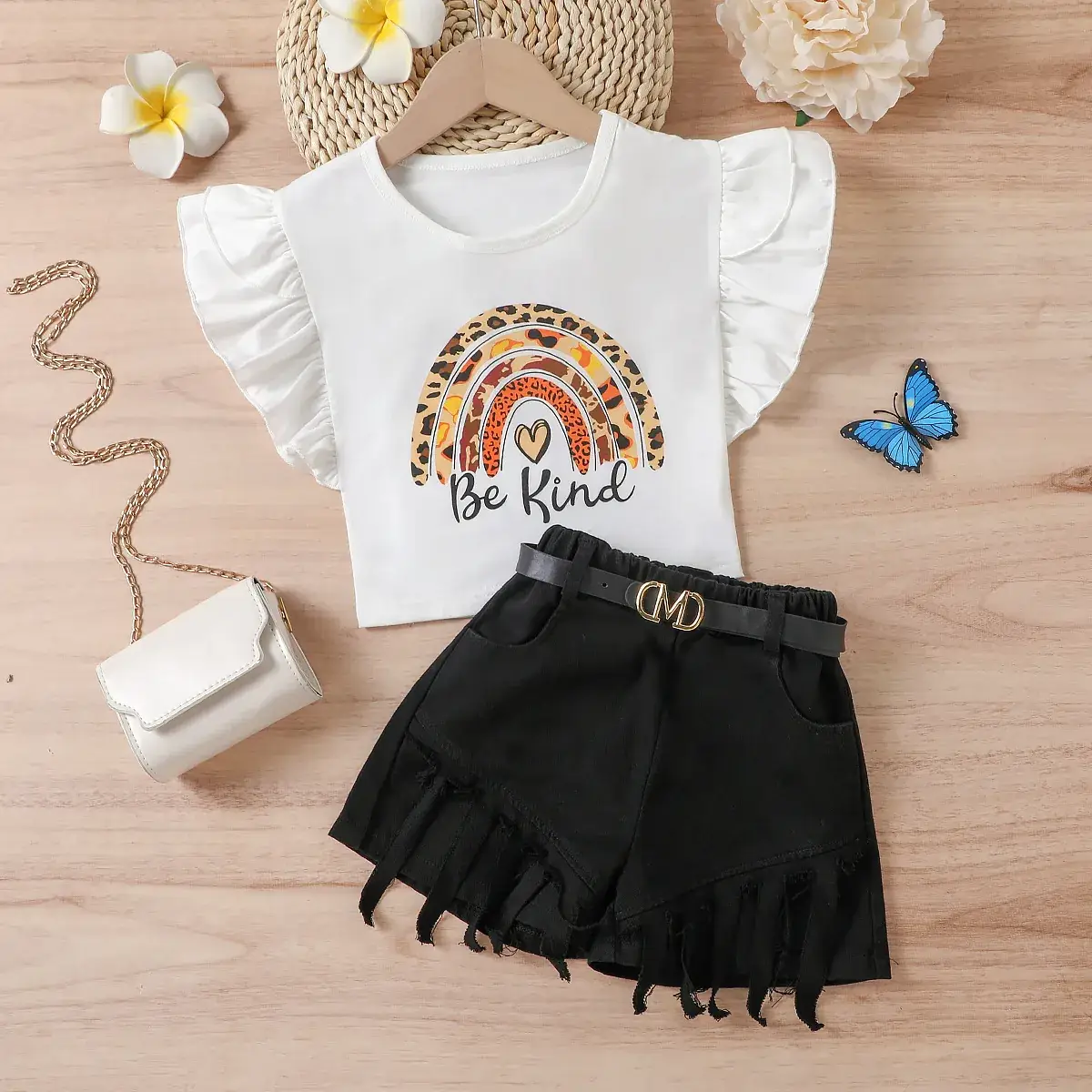 White Flying Sails T-Shirt with Heart Print + Brown Fringed Shorts Set - Image 3