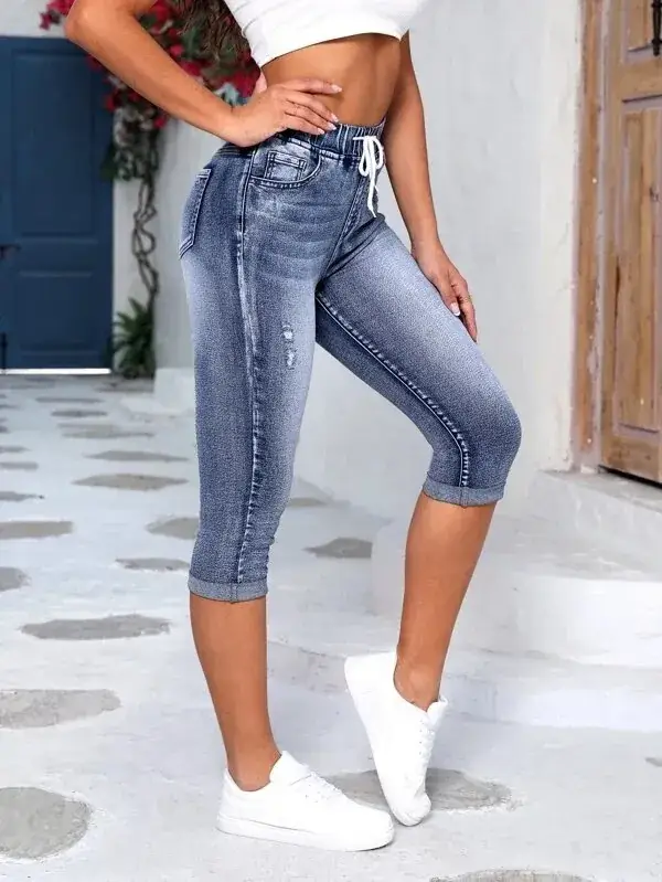 Women's Ripped High-Stretch Denim Capri Pants with Drawstring Waist - Image 6