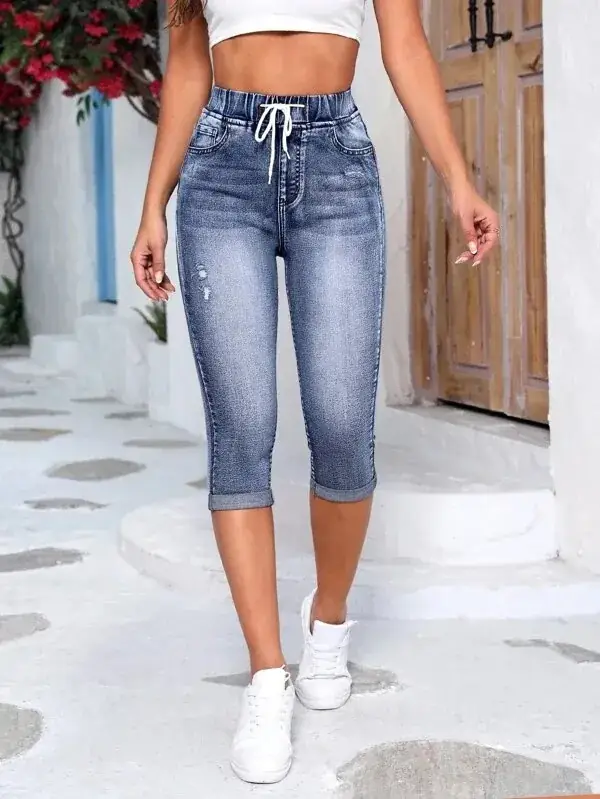 Women's Ripped High-Stretch Denim Capri Pants with Drawstring Waist - Image 7