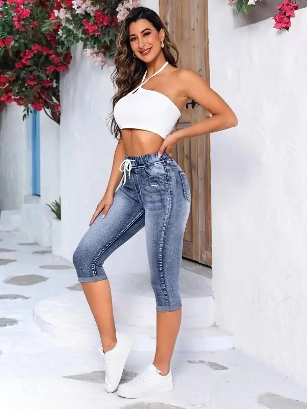 Women's Ripped High-Stretch Denim Capri Pants with Drawstring Waist — feature 15