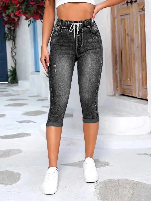 Women's Ripped High-Stretch Denim Capri Pants with Drawstring Waist — feature 17