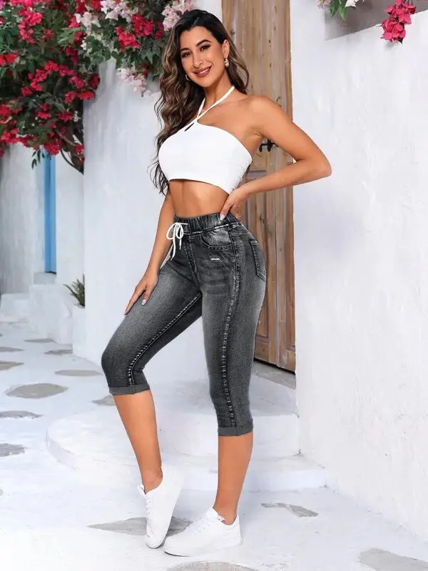 Women's Ripped High-Stretch Denim Capri Pants with Drawstring Waist — feature 18