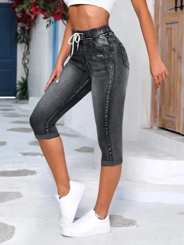 Women's Ripped High-Stretch Denim Capri Pants with Drawstring Waist — feature 19