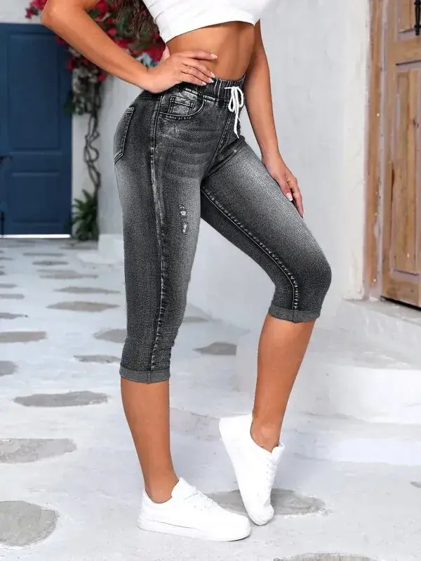 Women's Ripped High-Stretch Denim Capri Pants with Drawstring Waist - Image 2