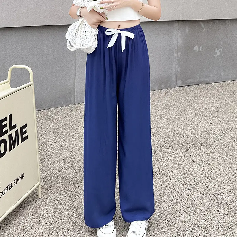 Women Cotton Silk Wide Leg Pants Blue Large - Image 8