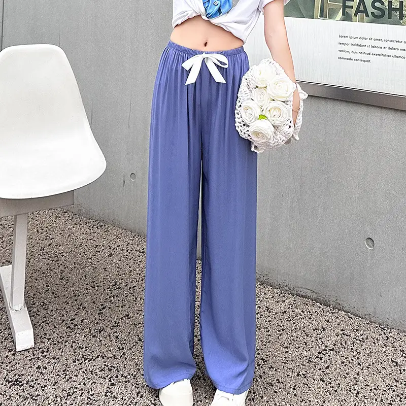 Women Cotton Silk Wide Leg Pants Blue Large - Image 9