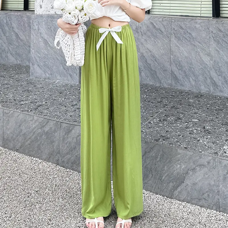 Women Cotton Silk Wide Leg Pants Blue Large - Image 10