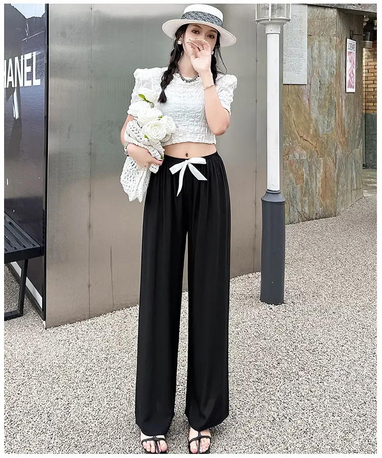 Women Cotton Silk Wide Leg Pants Blue Large — feature 10
