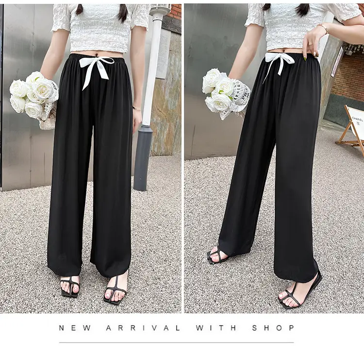 Women Cotton Silk Wide Leg Pants Blue Large — feature 11