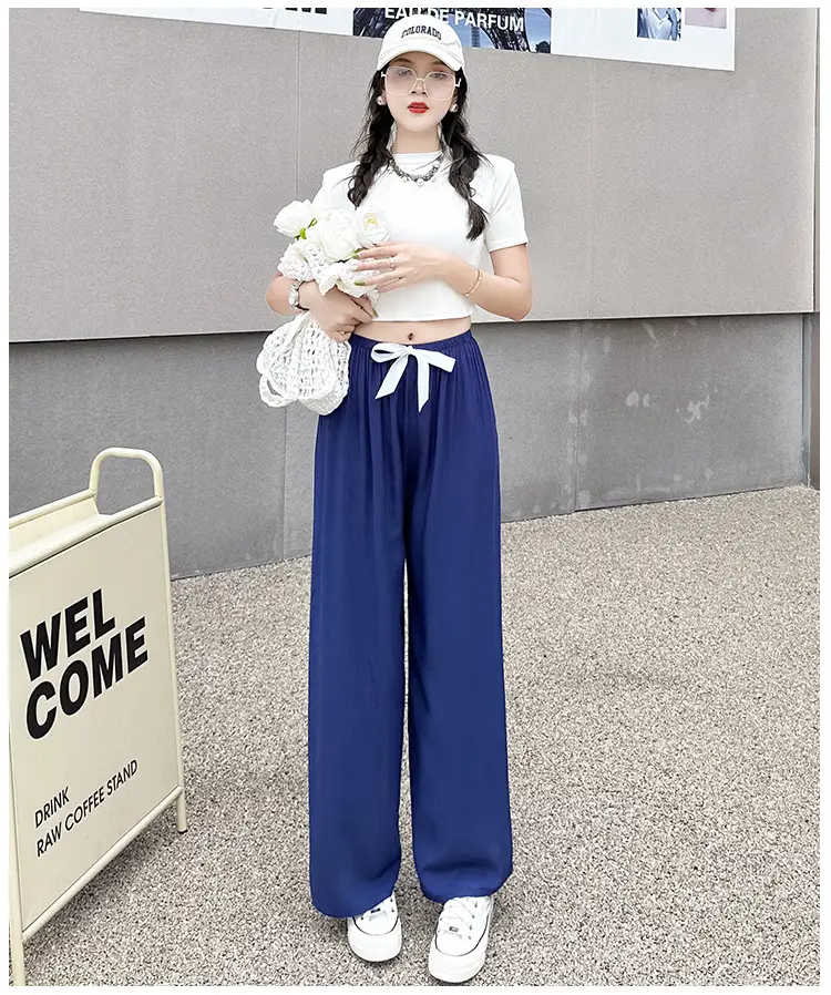 Women Cotton Silk Wide Leg Pants Blue Large — feature 12