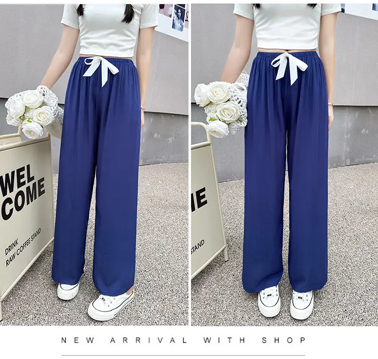 Women Cotton Silk Wide Leg Pants Blue Large — feature 13