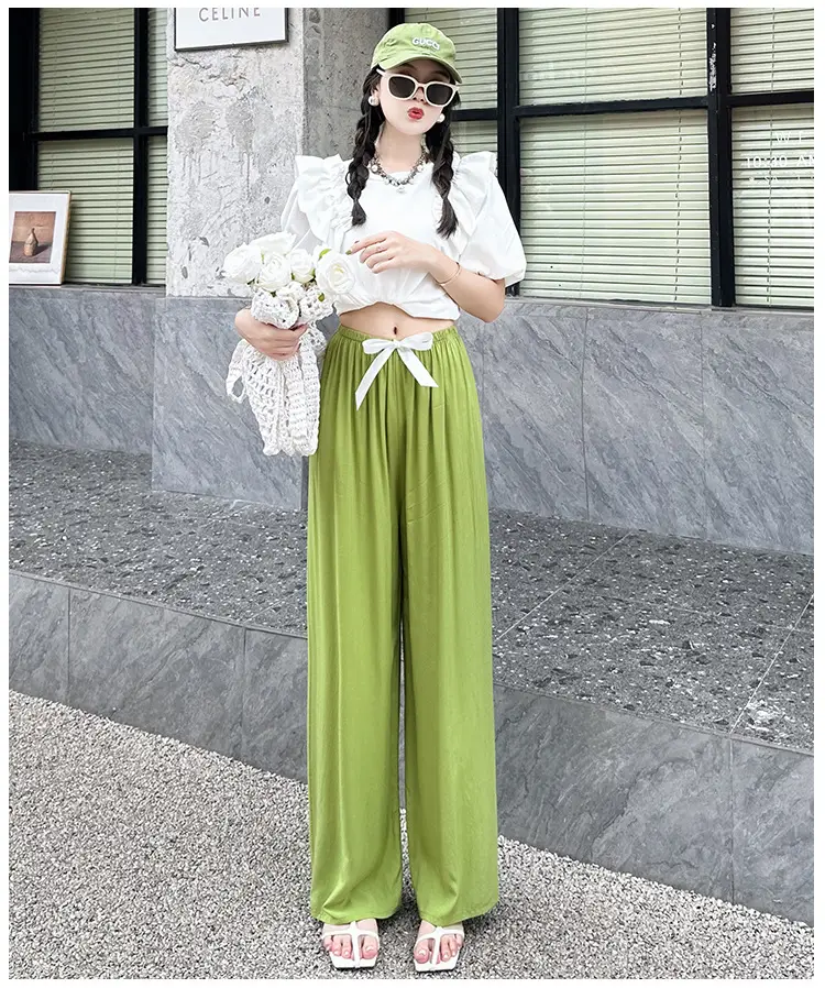 Women Cotton Silk Wide Leg Pants Blue Large — feature 14