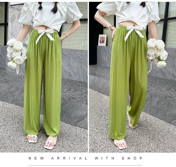 Women Cotton Silk Wide Leg Pants Blue Large — feature 15