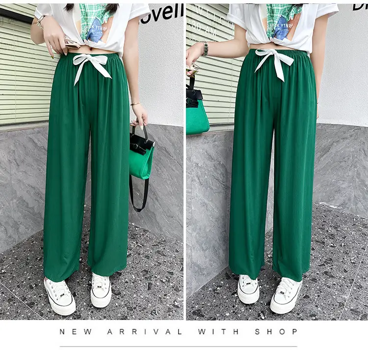 Women Cotton Silk Wide Leg Pants Blue Large — feature 17
