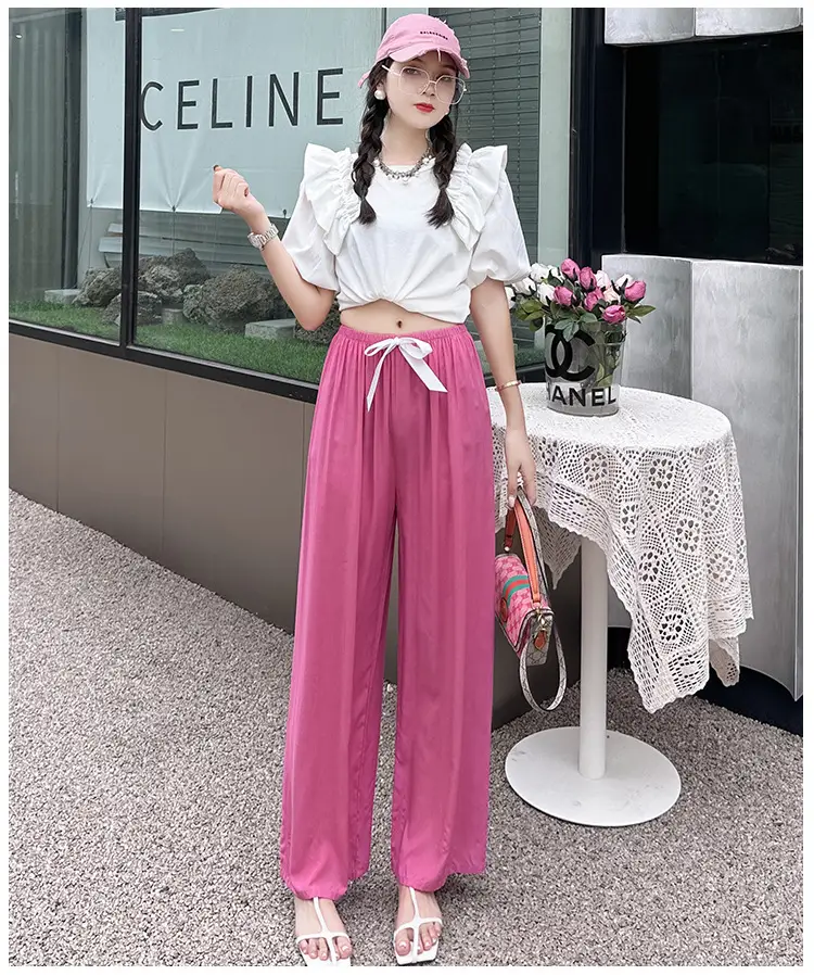 Women Cotton Silk Wide Leg Pants Blue Large — feature 18