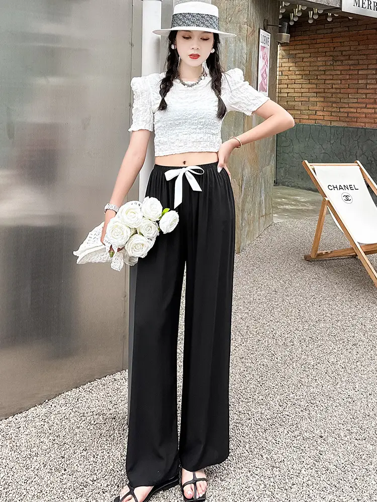 Women Cotton Silk Wide Leg Pants Blue Large — feature 2