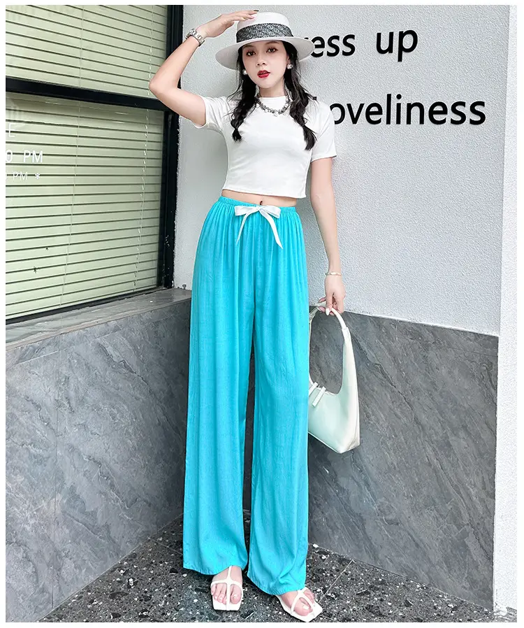 Women Cotton Silk Wide Leg Pants Blue Large — feature 20