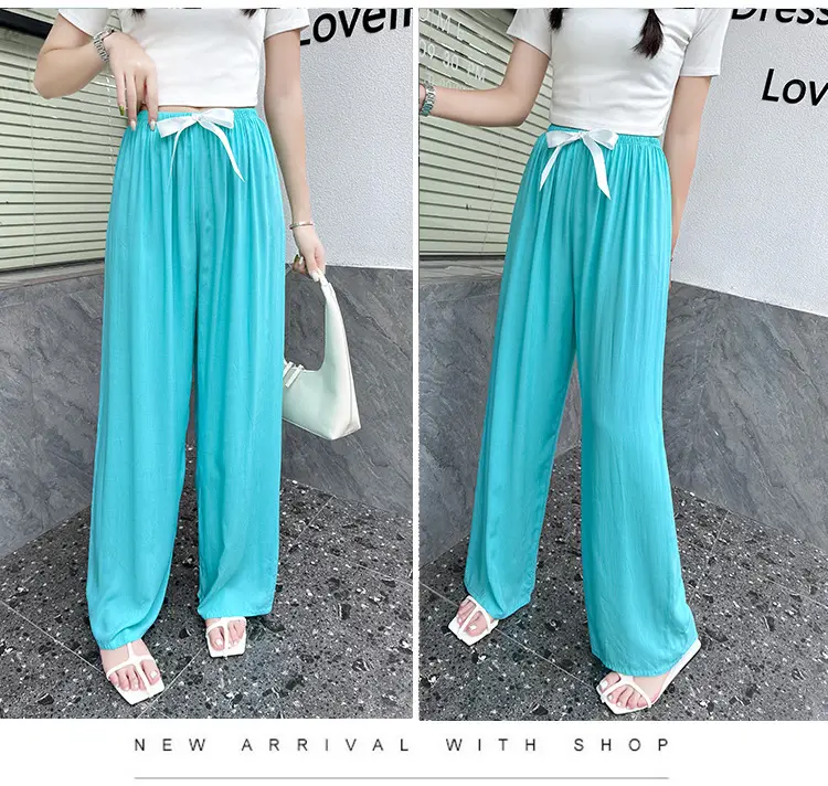 Women Cotton Silk Wide Leg Pants Blue Large — feature 21