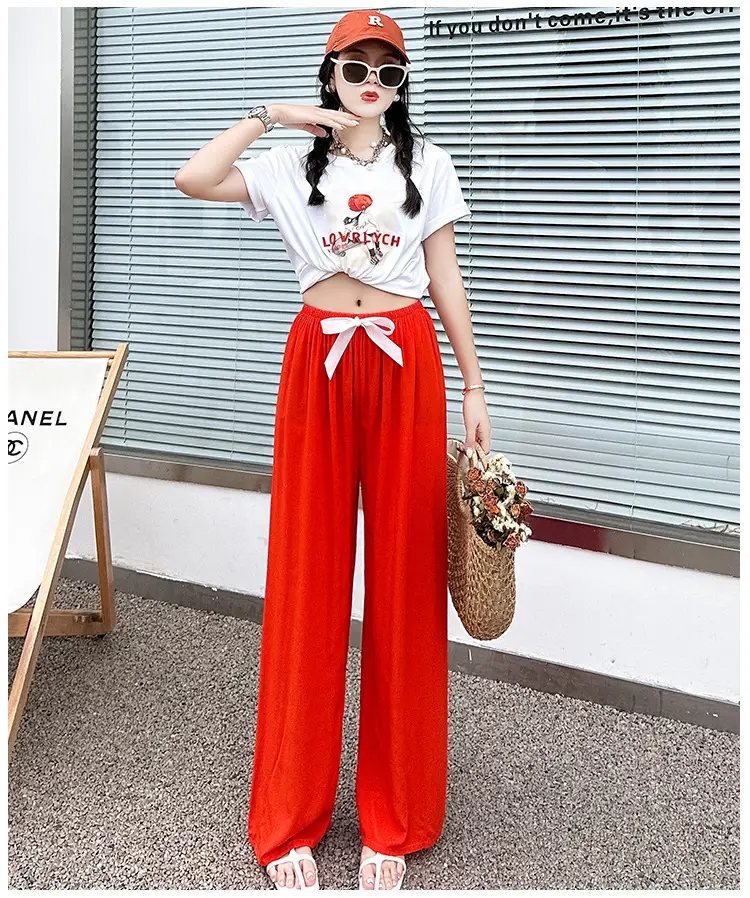 Women Cotton Silk Wide Leg Pants Blue Large — feature 22