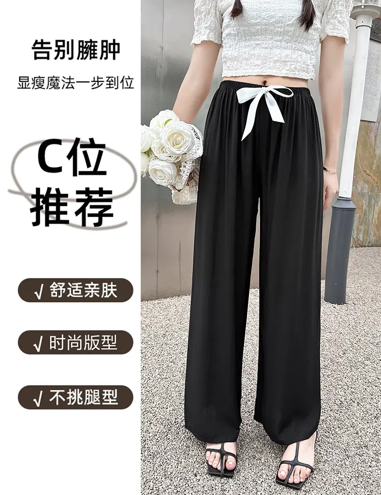 Women Cotton Silk Wide Leg Pants Blue Large — feature 4