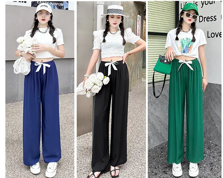 Women Cotton Silk Wide Leg Pants Blue Large — feature 6