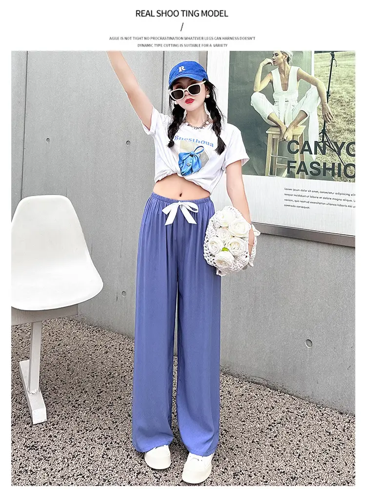 Women Cotton Silk Wide Leg Pants Blue Large — feature 8