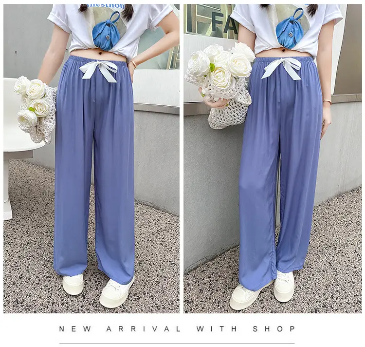 Women Cotton Silk Wide Leg Pants Blue Large — feature 9