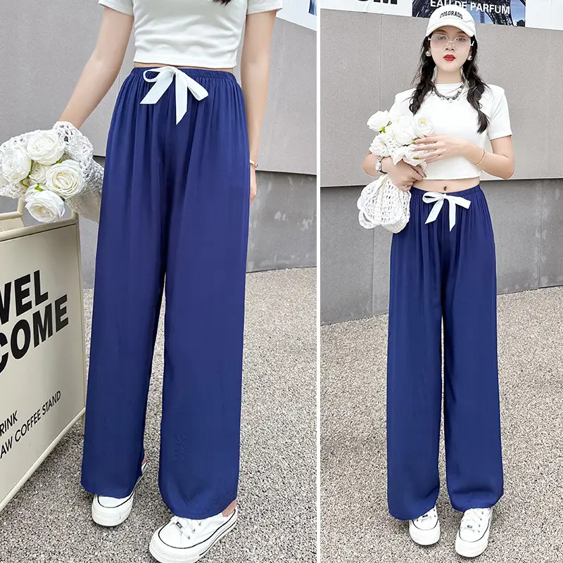 Women Cotton Silk Wide Leg Pants Blue Large - Image 2