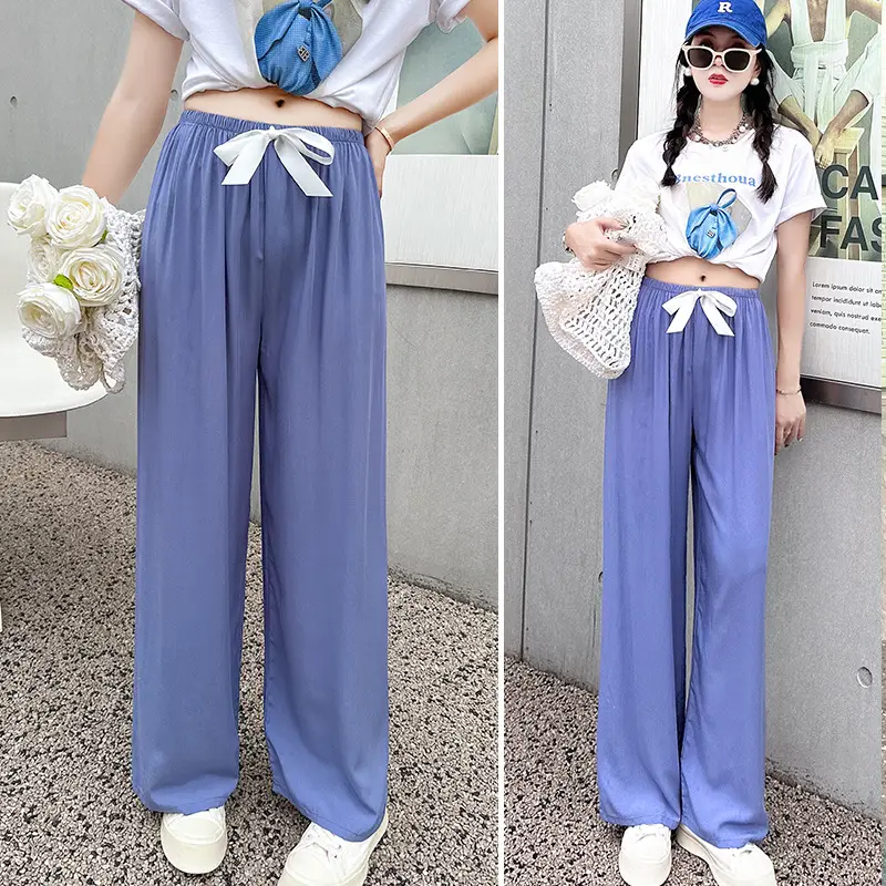 Women Cotton Silk Wide Leg Pants Blue Large - Image 3