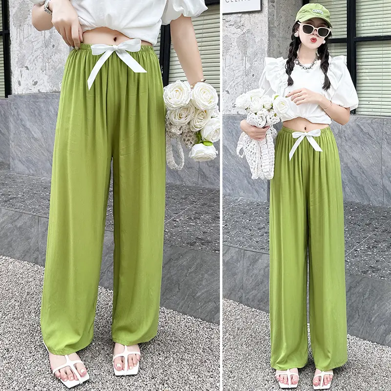 Women Cotton Silk Wide Leg Pants Blue Large - Image 4