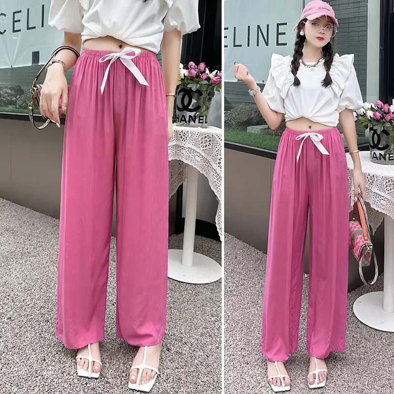 Women Cotton Silk Wide Leg Pants Blue Large - Image 5
