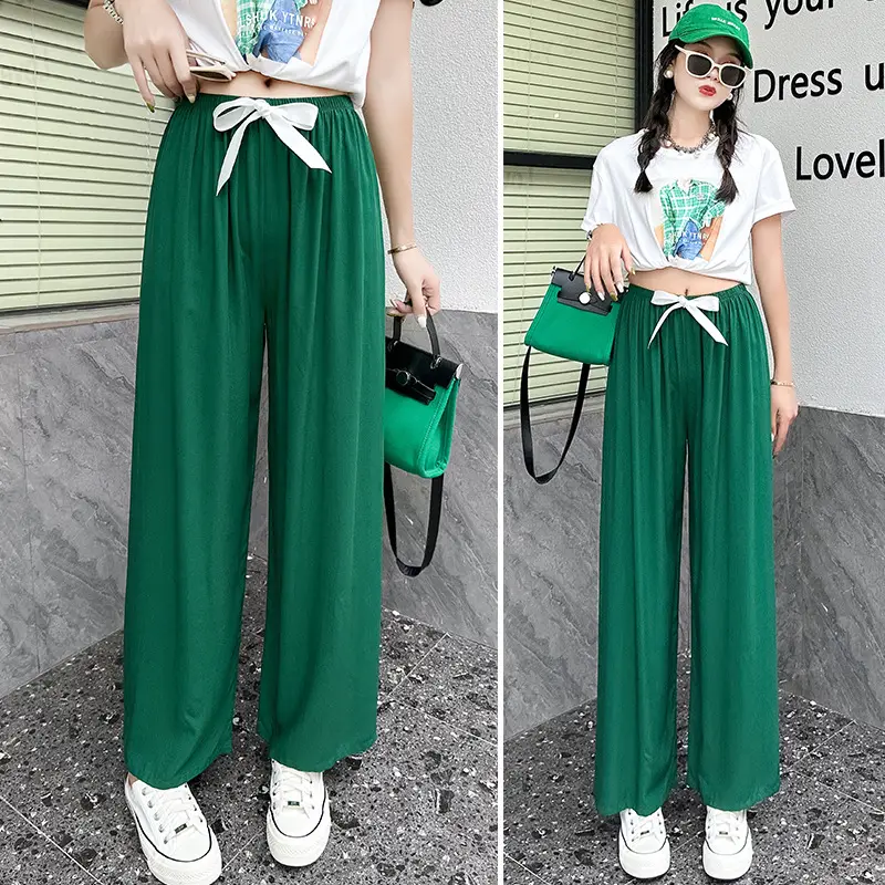Women Cotton Silk Wide Leg Pants Blue Large - Image 6