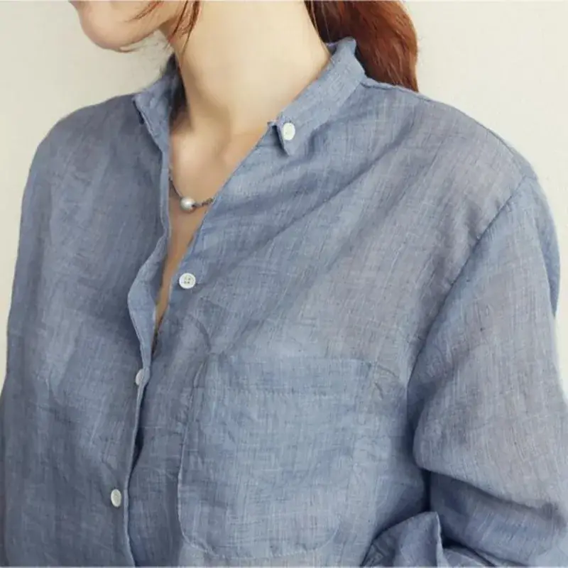 Women Cotton Linen Long Sleeve Shirt Sun Protective Harajuku Style