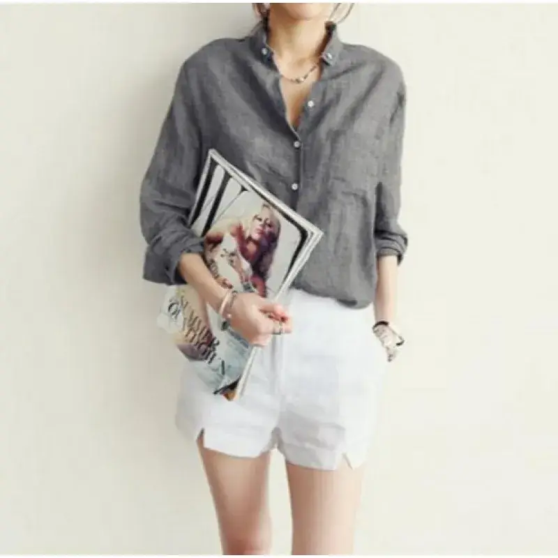 Women Cotton Linen Long Sleeve Shirt Sun Protective Harajuku Style