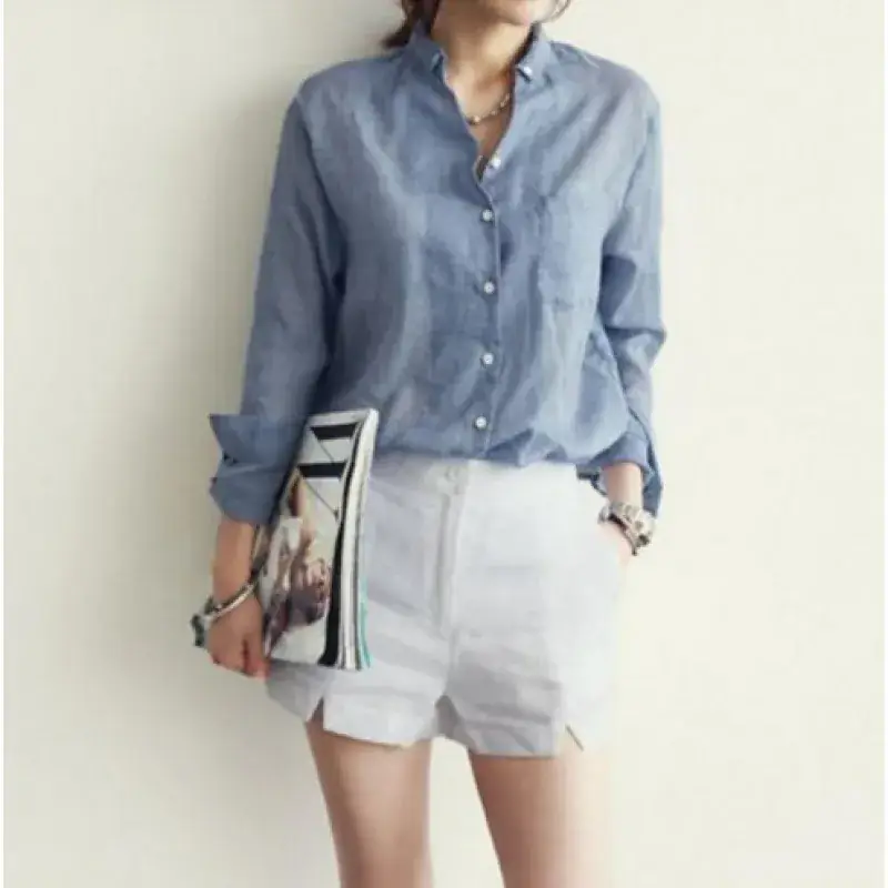 Women Cotton Linen Long Sleeve Shirt Sun Protective Harajuku Style