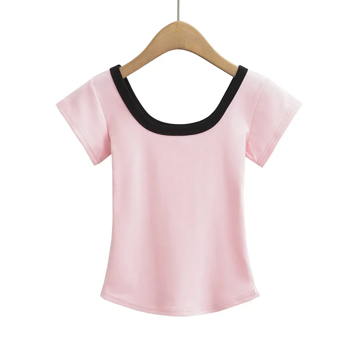 Women 2023 Summer T-Shirt Black Pink Large U-Neck - Image 7