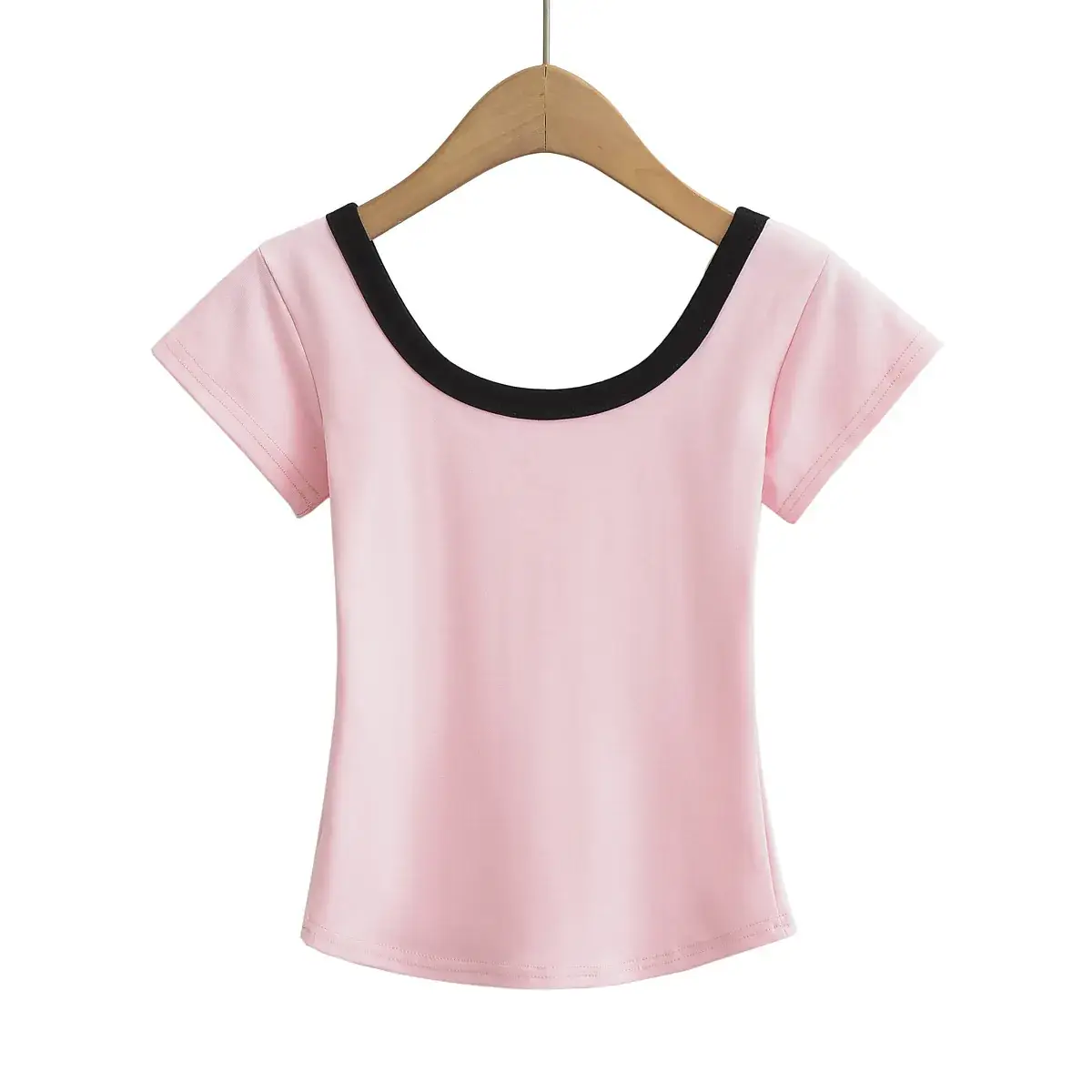 Women 2023 Summer T-Shirt Black Pink Large U-Neck - Image 4