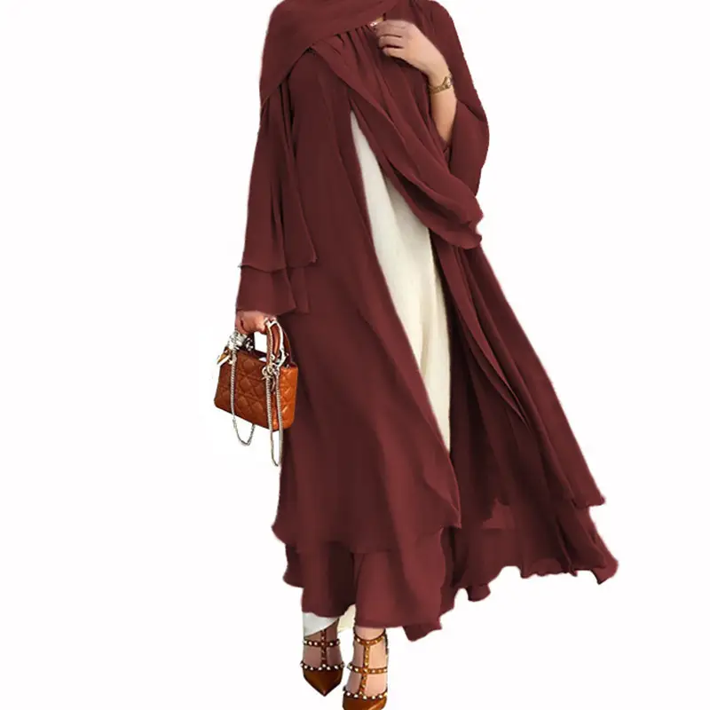 Plus Size Chiffon Robe Skirt Maroon Middle Eastern Long Coat - Image 11