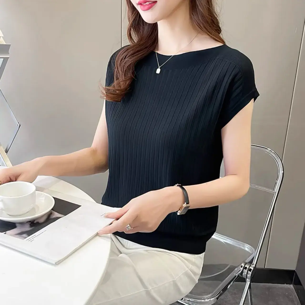 Green Ice Silk Knitted T-Shirt for Women
