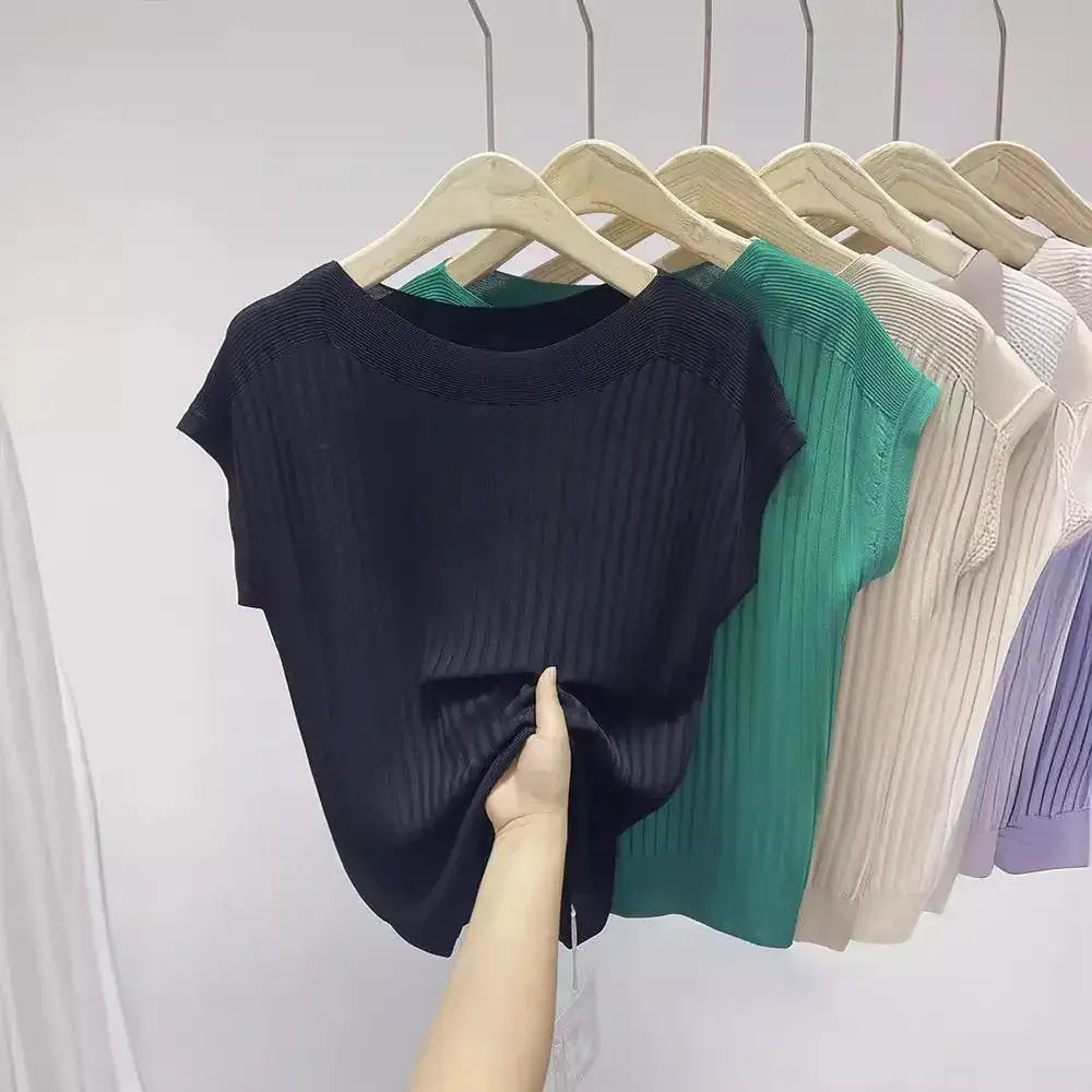 Green Ice Silk Knitted T-Shirt for Women