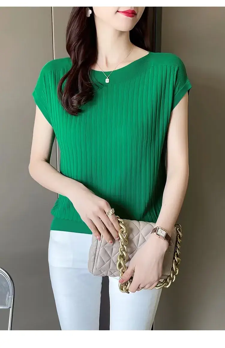 Green Ice Silk Knitted T-Shirt for Women — feature 17