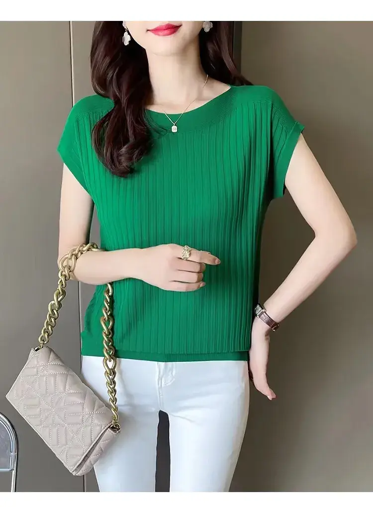 Green Ice Silk Knitted T-Shirt for Women — feature 18