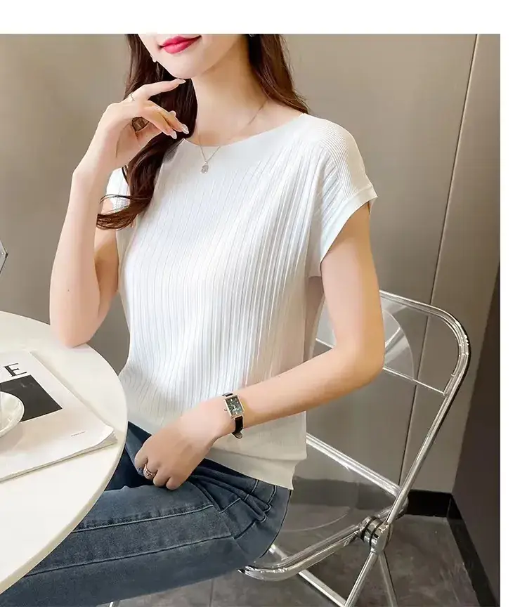 Green Ice Silk Knitted T-Shirt for Women — feature 8
