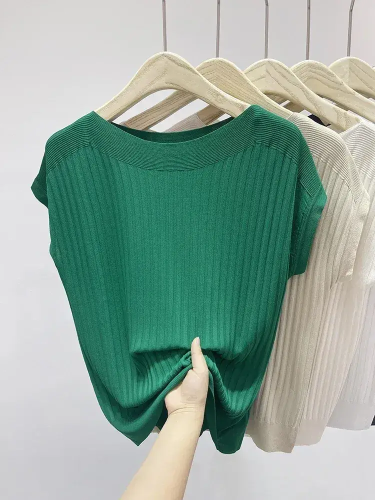Green Ice Silk Knitted T-Shirt for Women