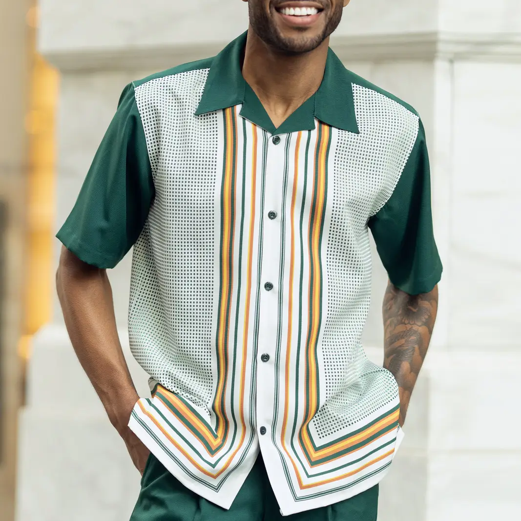2023 Men Printed Short Sleeve Shirt Tan White Striped