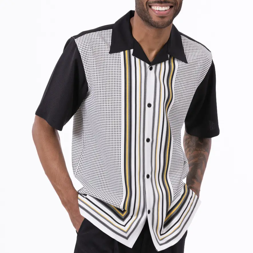 2023 Men Printed Short Sleeve Shirt Tan White Striped