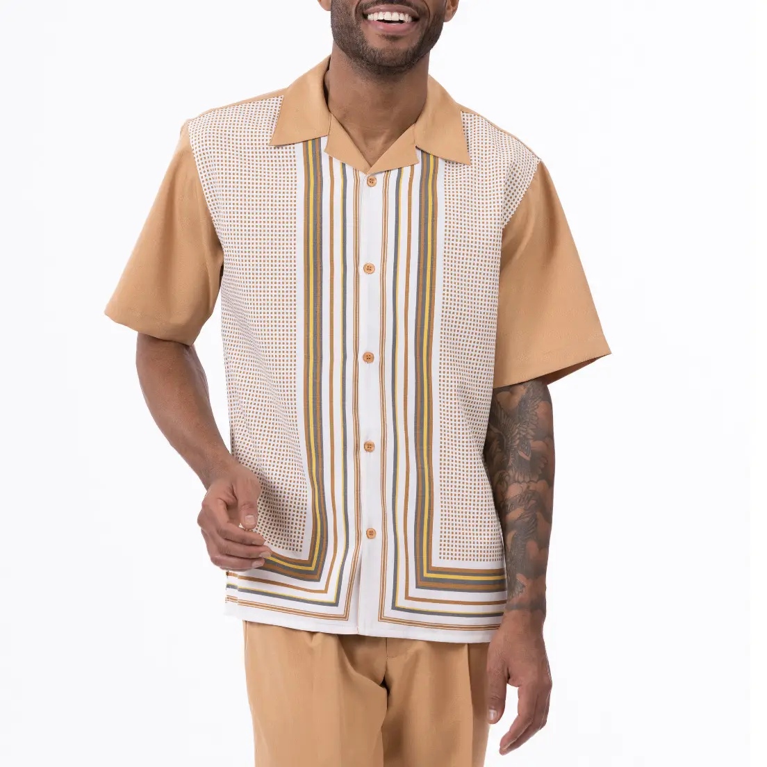 2023 Men Printed Short Sleeve Shirt Tan White Striped — feature 3